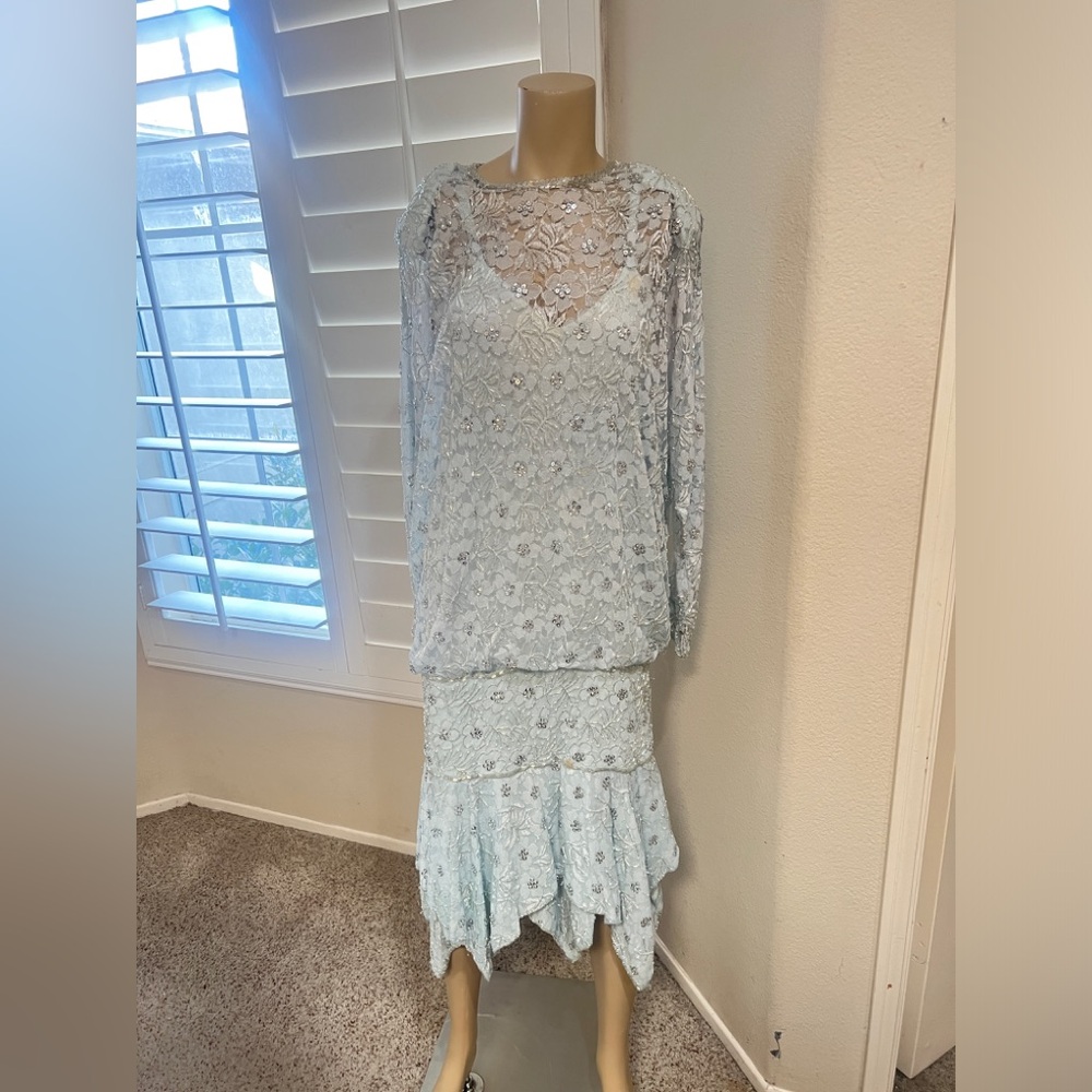 VNTG Judith Ann‎ Plus 80s Sequins Beaded Drop Waist Dress Sz M Read Description